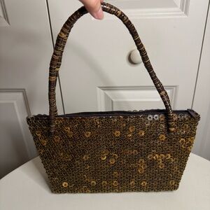 Wooden Brown Woven Small Handbag